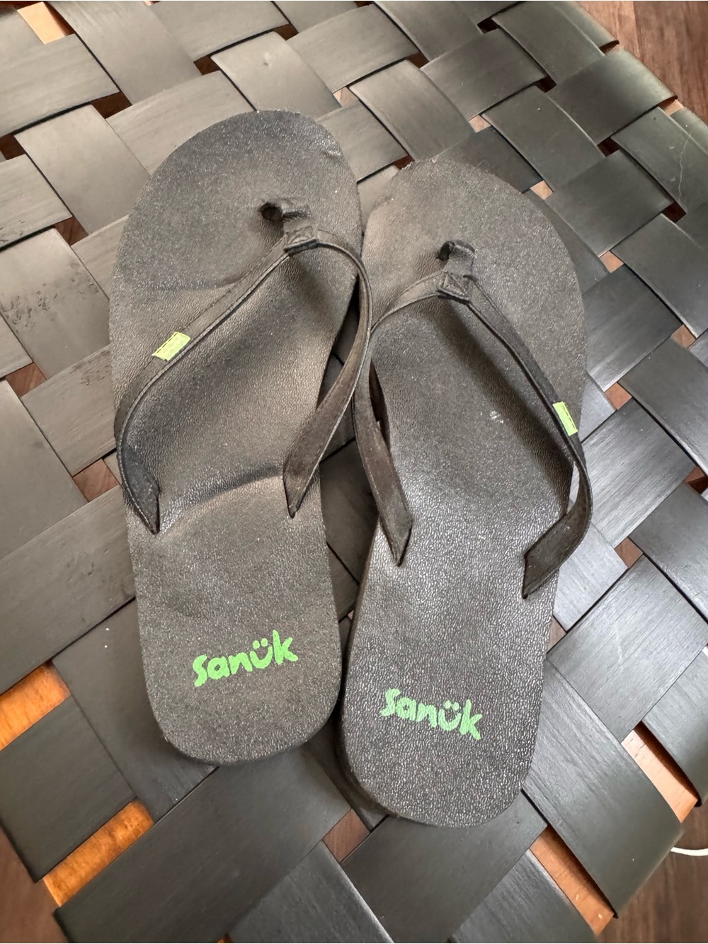 Sanuk Black Flip Flops with Green Logo Accents